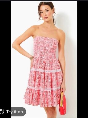 Lilly Pulitzer Pink Strapless Printed Tiered Sundress bright Red Color